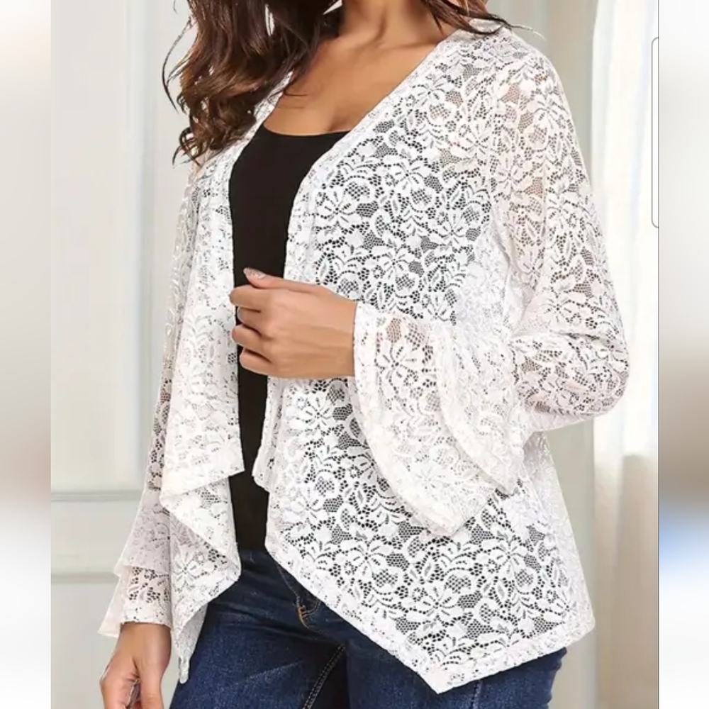 Unbranded White Stretch Lace Short Cardigan Bell Sleeves
